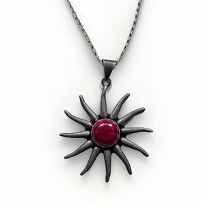 Red Jasper Sterling Silver Sunburst Sun Statement Pendent Necklace 925 - 22.6g